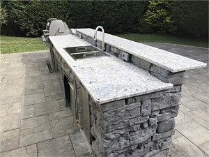 Nicolock Belvedere Stone Precast BBQ BAR sink weber white counter top dual level bar Gray grey stone custom